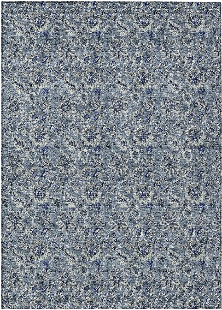 Denim Blue And Navy Blue Floral Washable Indoor Outdoor Area Rug Photo 2