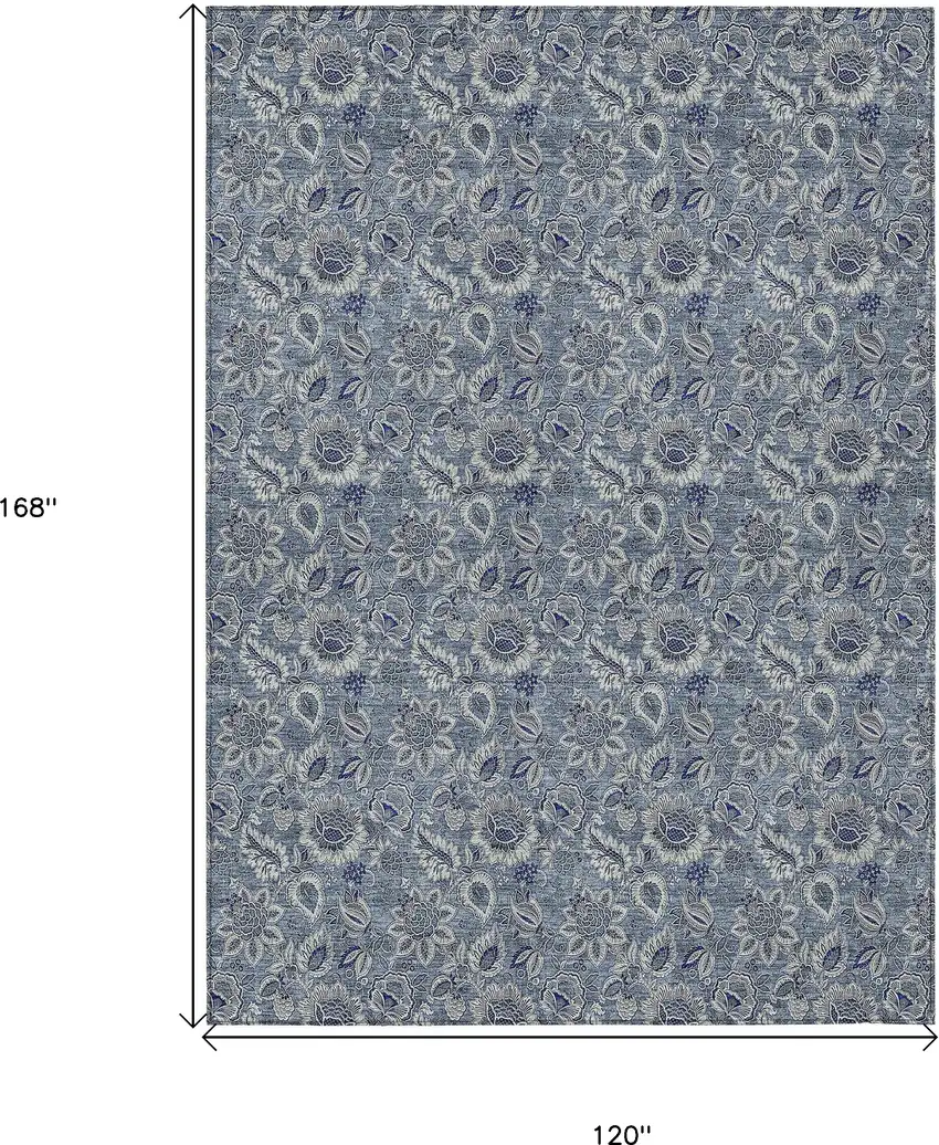 Denim Blue And Navy Blue Floral Washable Indoor Outdoor Area Rug Photo 3