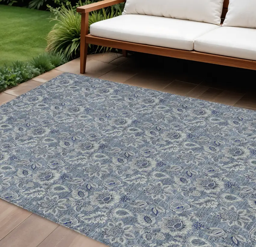 Denim Blue And Navy Blue Floral Washable Indoor Outdoor Area Rug Photo 1