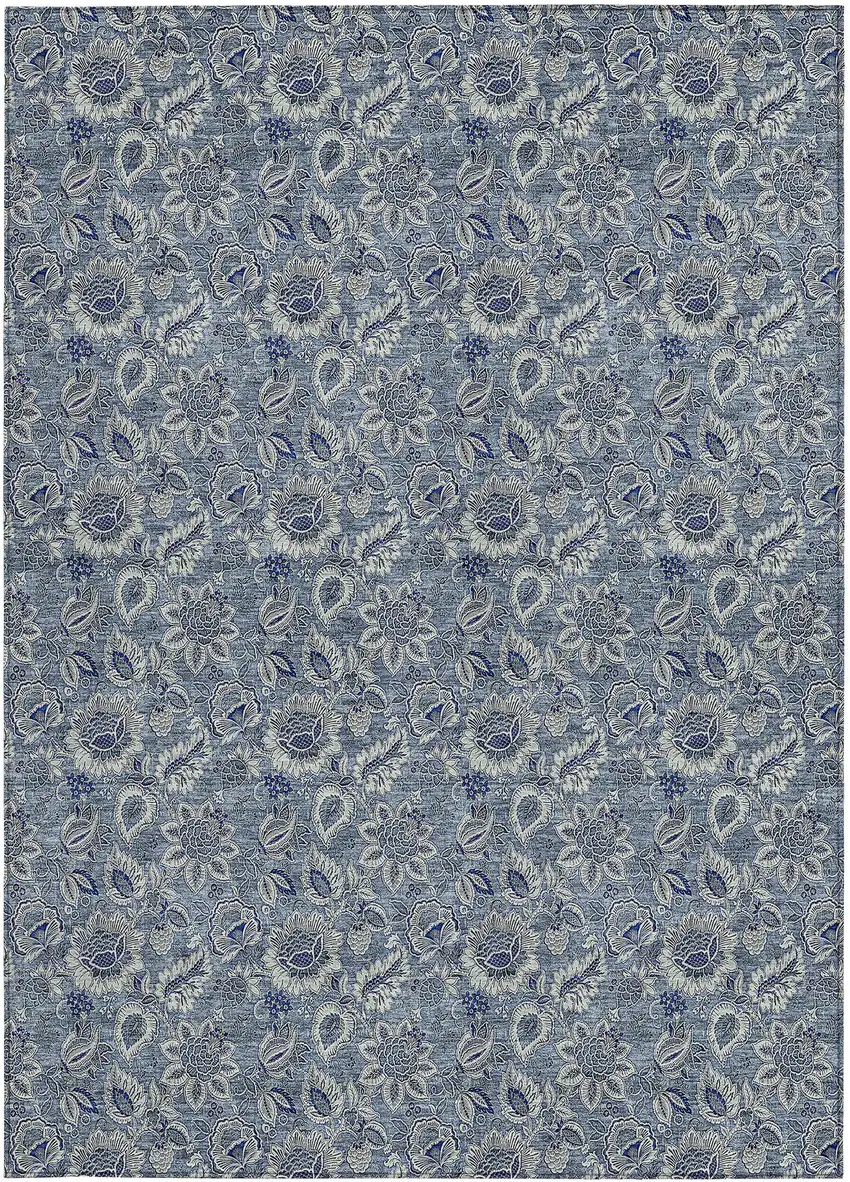 Denim Blue And Navy Blue Floral Washable Indoor Outdoor Area Rug Photo 6
