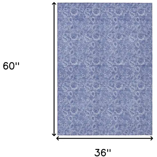 Denim Blue And Navy Blue Floral Washable Indoor Outdoor Area Rug Photo 3