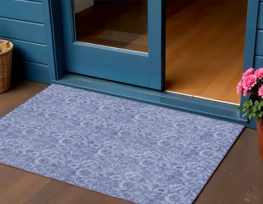 Denim Blue And Navy Blue Floral Washable Indoor Outdoor Area Rug Photo 1