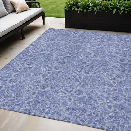 Denim Blue And Navy Blue Floral Washable Indoor Outdoor Area Rug Photo 1