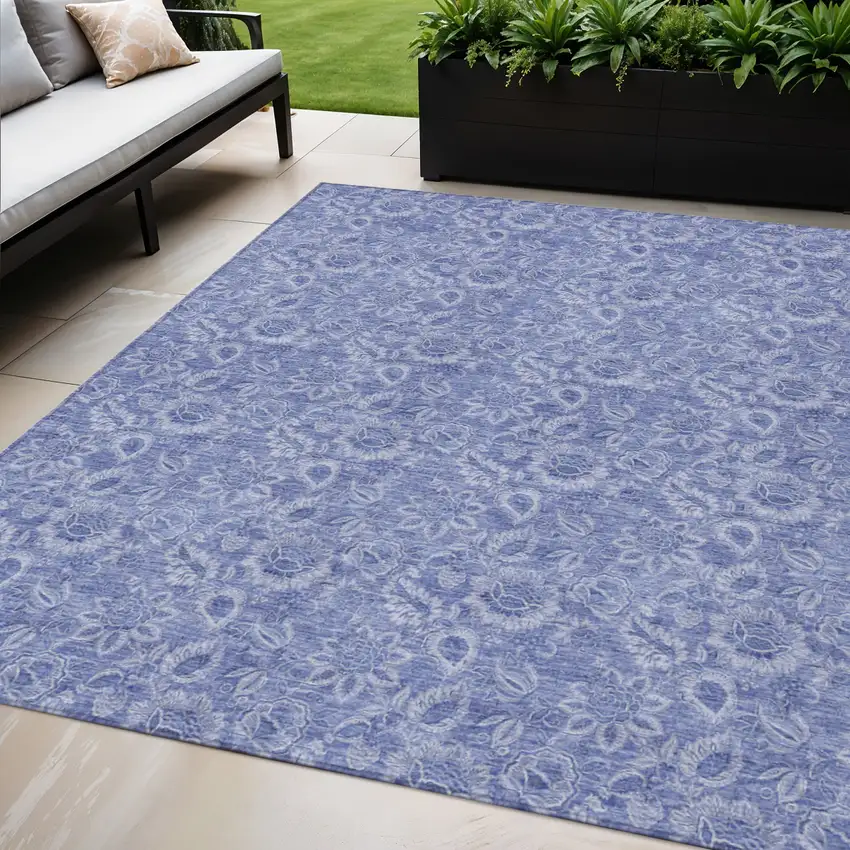 Denim Blue And Navy Blue Floral Washable Indoor Outdoor Area Rug Photo 1