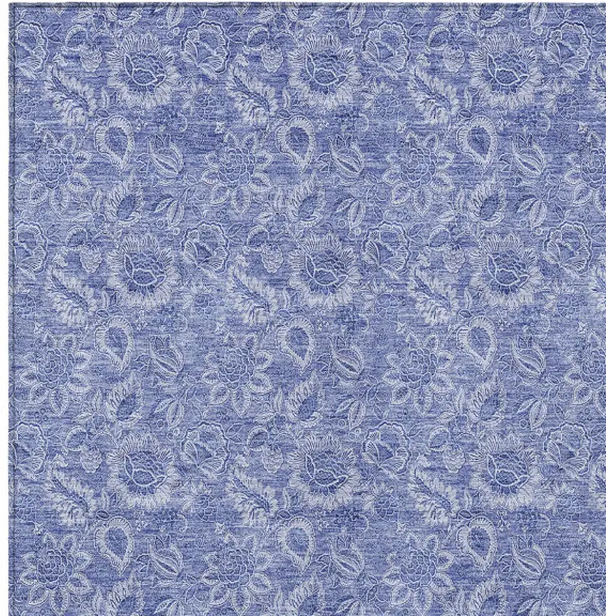 Denim Blue And Navy Blue Floral Washable Indoor Outdoor Area Rug Photo 6