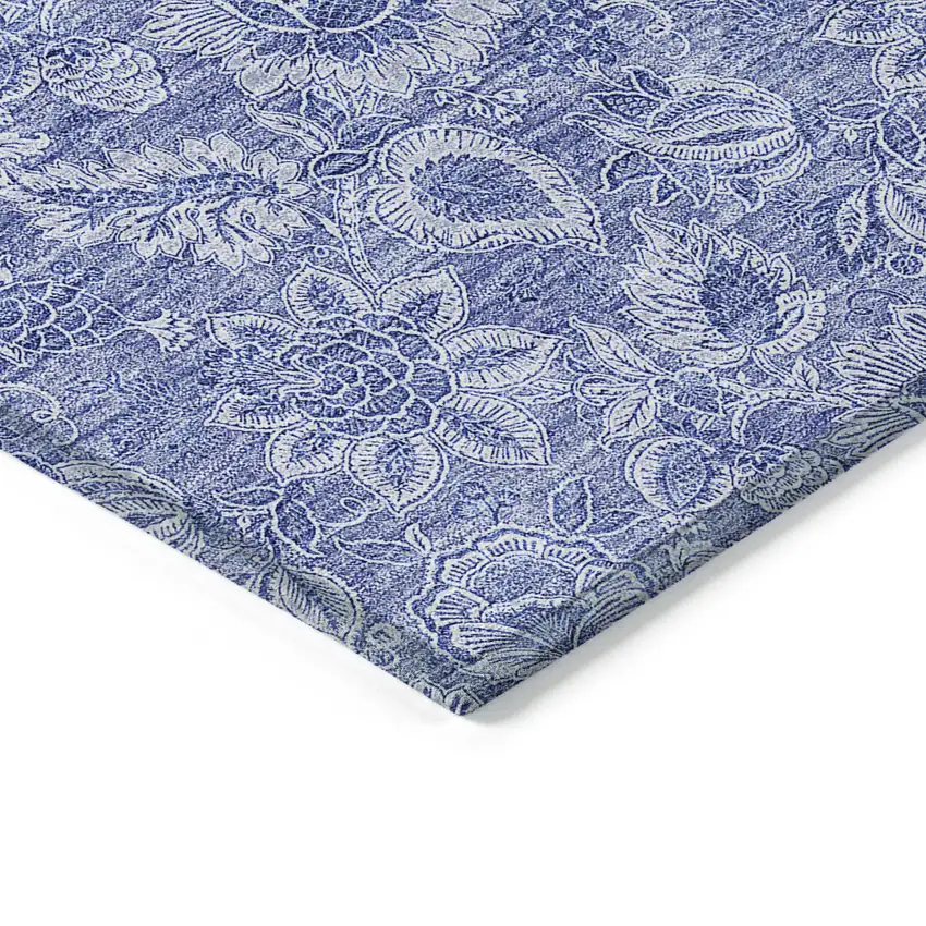 Denim Blue And Navy Blue Floral Washable Indoor Outdoor Area Rug Photo 5