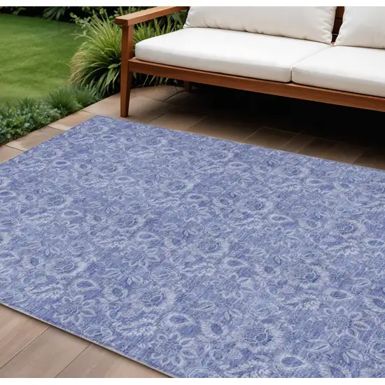 Denim Blue And Navy Blue Floral Washable Indoor Outdoor Area Rug Photo 1