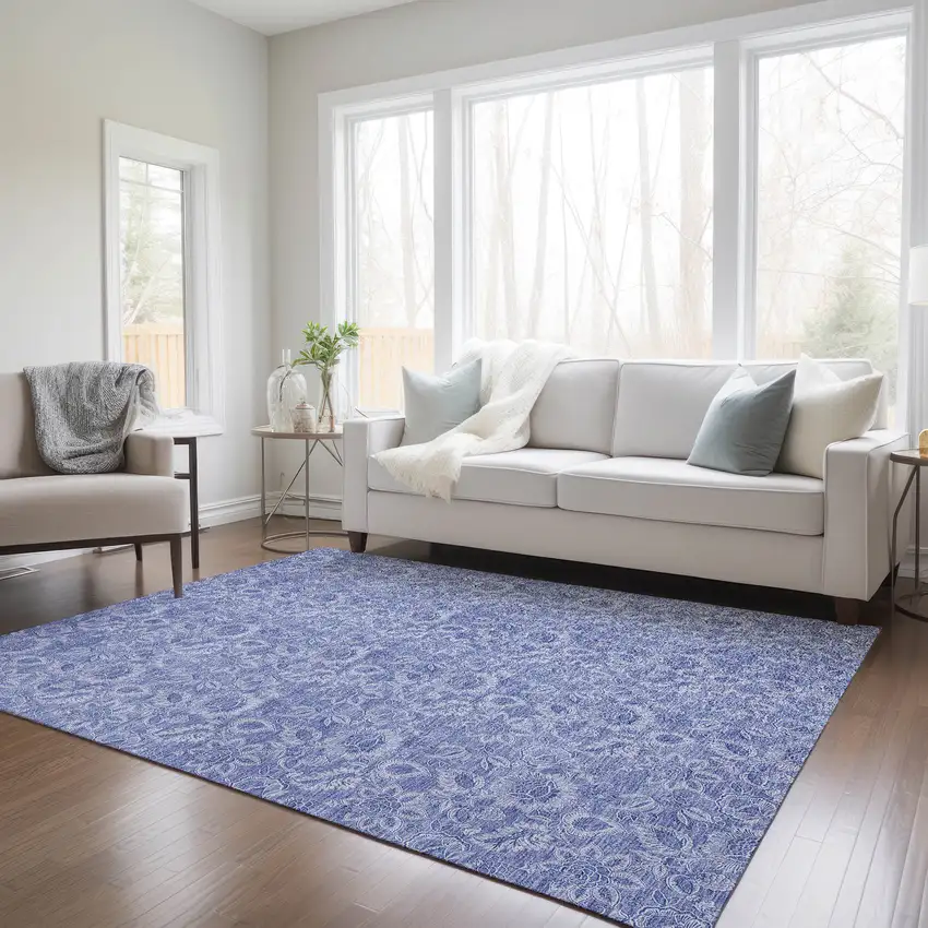 Denim Blue And Navy Blue Floral Washable Indoor Outdoor Area Rug Photo 9