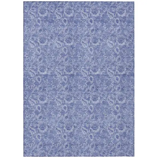 Denim Blue And Navy Blue Floral Washable Indoor Outdoor Area Rug Photo 2