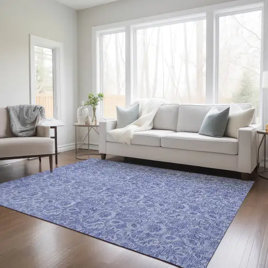 Denim Blue And Navy Blue Floral Washable Indoor Outdoor Area Rug Photo 9