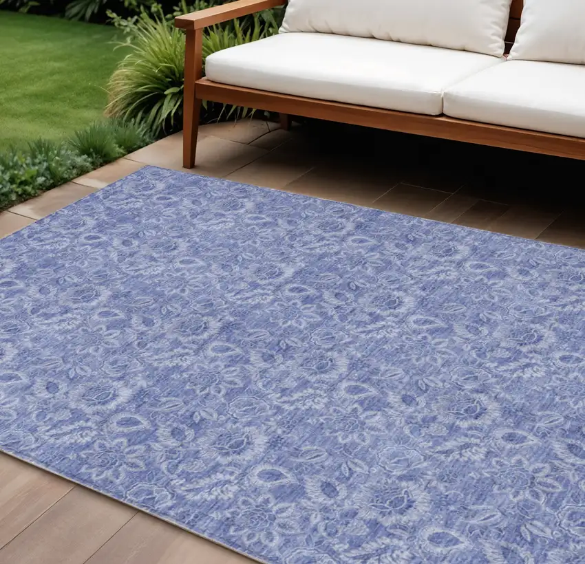 Denim Blue And Navy Blue Floral Washable Indoor Outdoor Area Rug Photo 1