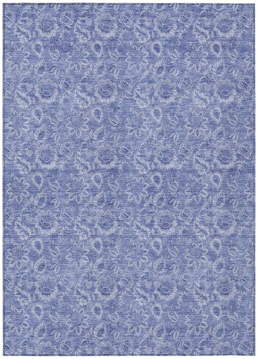 Denim Blue And Navy Blue Floral Washable Indoor Outdoor Area Rug Photo 2