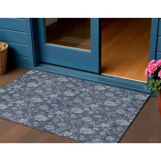 Denim Blue And Navy Blue Floral Washable Indoor Outdoor Area Rug Photo 1