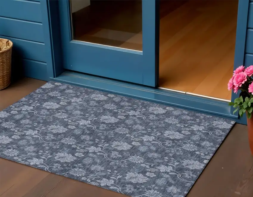 Denim Blue And Navy Blue Floral Washable Indoor Outdoor Area Rug Photo 1