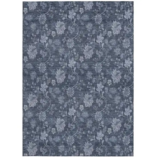 Denim Blue And Navy Blue Floral Washable Indoor Outdoor Area Rug Photo 7