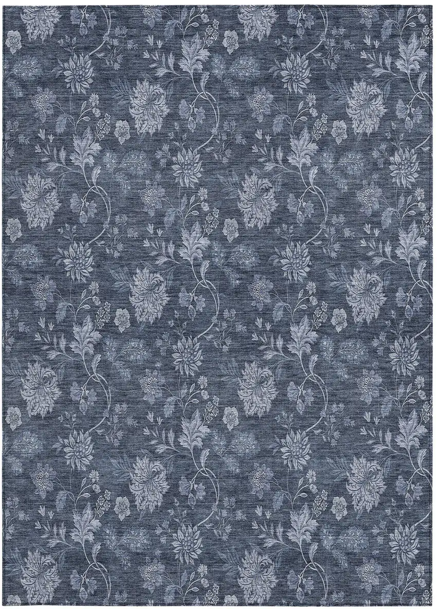 Denim Blue And Navy Blue Floral Washable Indoor Outdoor Area Rug Photo 7