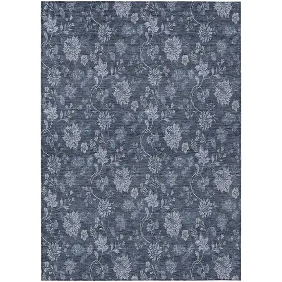 Denim Blue And Navy Blue Floral Washable Indoor Outdoor Area Rug Photo 2