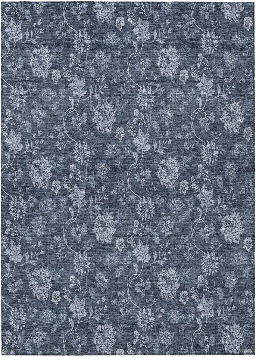 Denim Blue And Navy Blue Floral Washable Indoor Outdoor Area Rug Photo 2