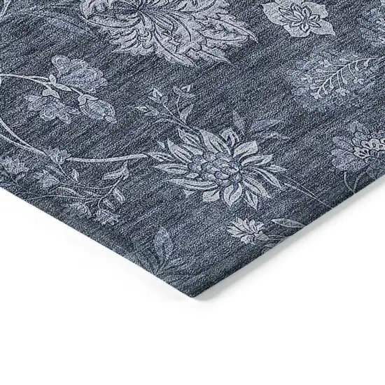 Denim Blue And Navy Blue Floral Washable Indoor Outdoor Area Rug Photo 5