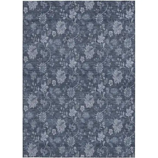 Denim Blue And Navy Blue Floral Washable Indoor Outdoor Area Rug Photo 6