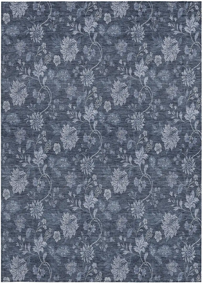 Denim Blue And Navy Blue Floral Washable Indoor Outdoor Area Rug Photo 6