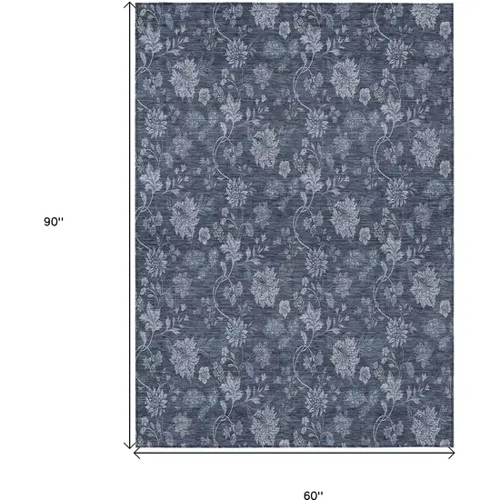 Denim Blue And Navy Blue Floral Washable Indoor Outdoor Area Rug Photo 3