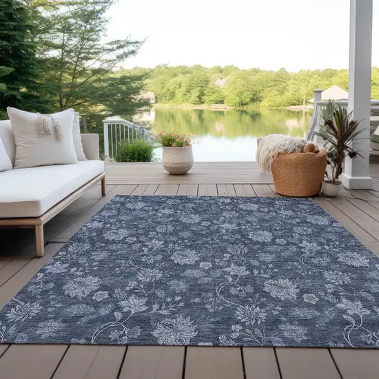 Denim Blue And Navy Blue Floral Washable Indoor Outdoor Area Rug Photo 9