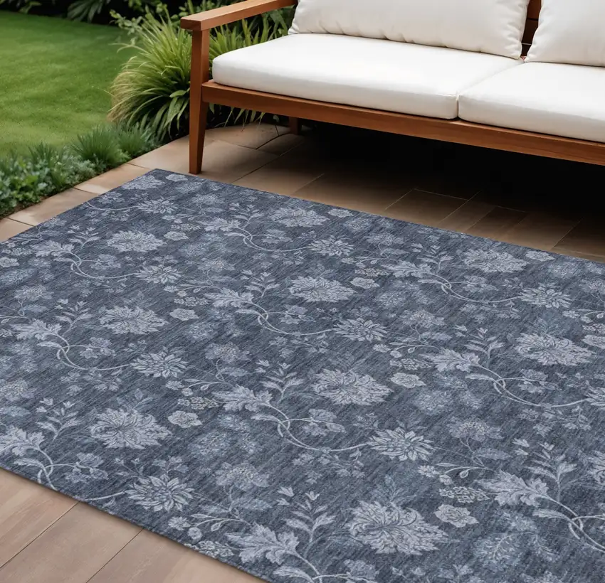 Denim Blue And Navy Blue Floral Washable Indoor Outdoor Area Rug Photo 1