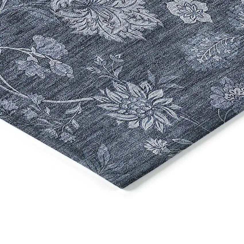 Denim Blue And Navy Blue Floral Washable Indoor Outdoor Area Rug Photo 5