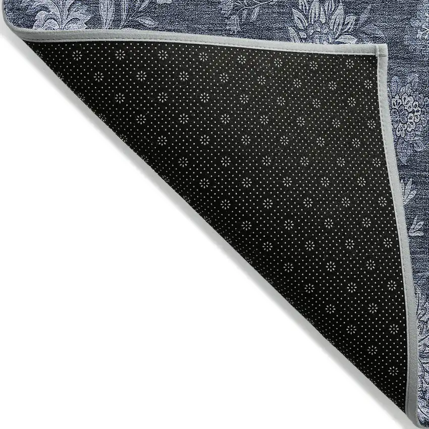 Denim Blue And Navy Blue Floral Washable Indoor Outdoor Area Rug Photo 4