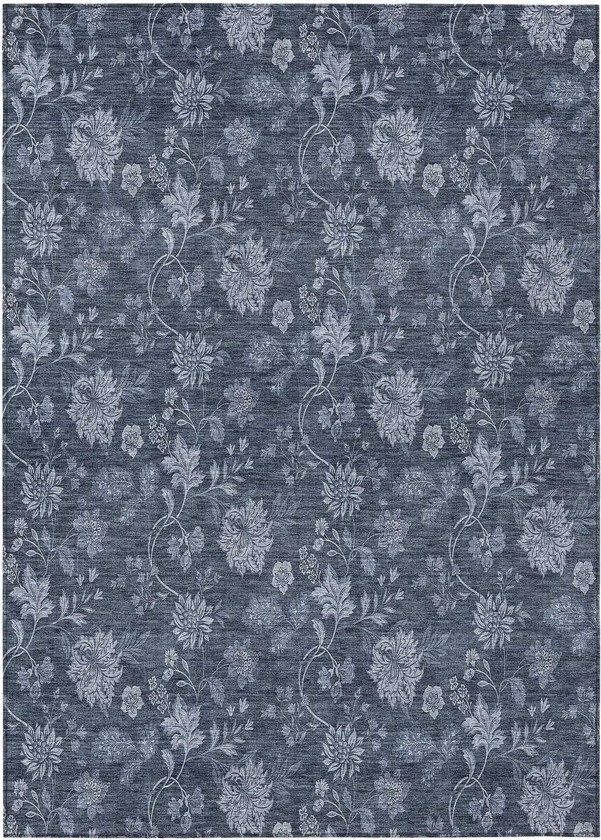 Denim Blue And Navy Blue Floral Washable Indoor Outdoor Area Rug Photo 2