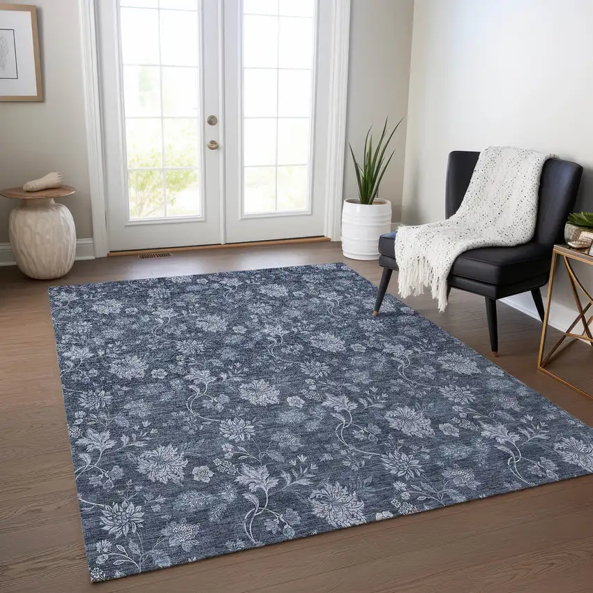 Denim Blue And Navy Blue Floral Washable Indoor Outdoor Area Rug Photo 9