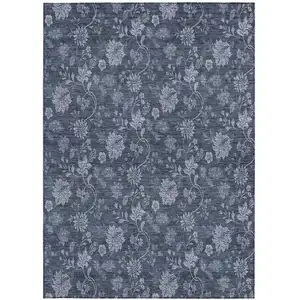 Photo of Denim Blue And Navy Blue Floral Washable Indoor Outdoor Area Rug