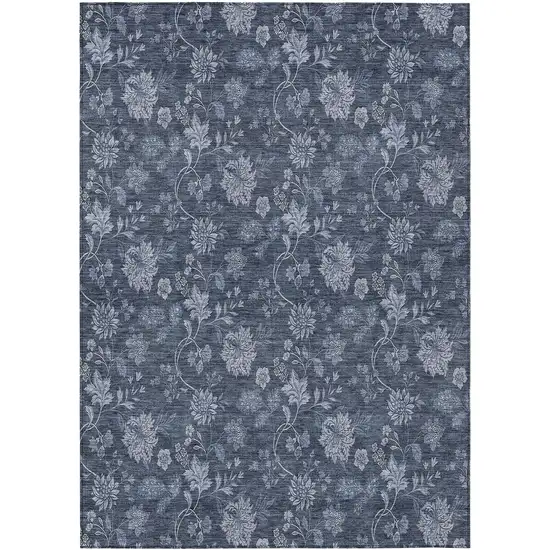 Denim Blue And Navy Blue Floral Washable Indoor Outdoor Area Rug Photo 2