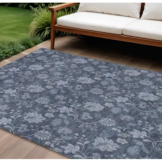 Denim Blue And Navy Blue Floral Washable Indoor Outdoor Area Rug Photo 1