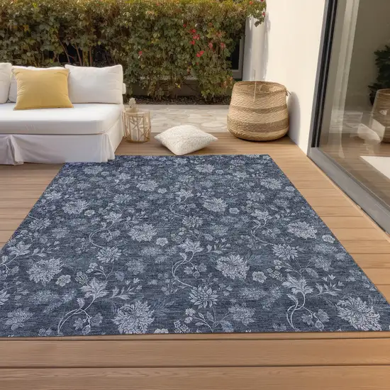 Denim Blue And Navy Blue Floral Washable Indoor Outdoor Area Rug Photo 8