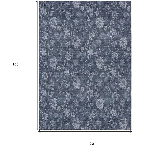 Denim Blue And Navy Blue Floral Washable Indoor Outdoor Area Rug Photo 3