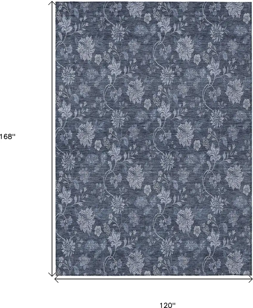 Denim Blue And Navy Blue Floral Washable Indoor Outdoor Area Rug Photo 3