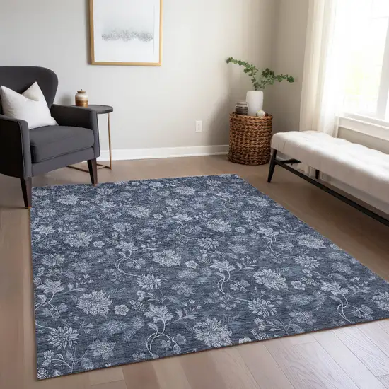 Denim Blue And Navy Blue Floral Washable Indoor Outdoor Area Rug Photo 9