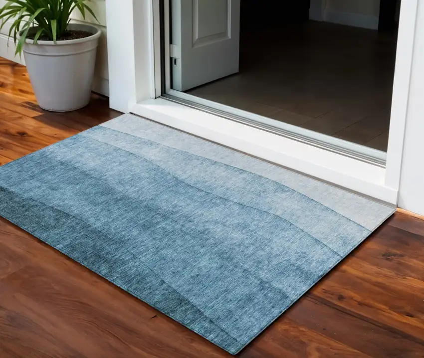 Denim Blue And Navy Blue Ombre Washable Indoor Outdoor Area Rug Photo 1