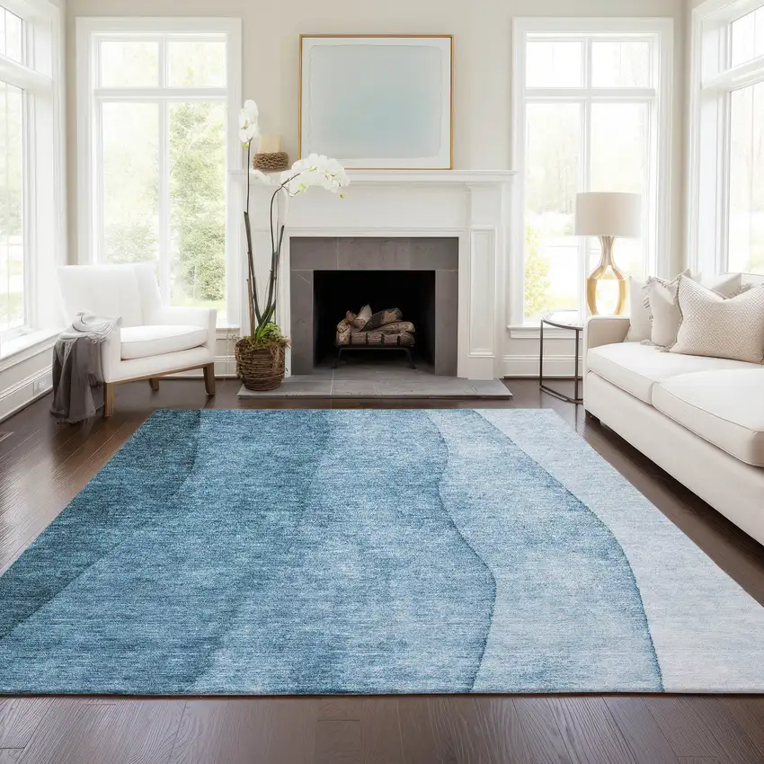 Denim Blue And Navy Blue Ombre Washable Indoor Outdoor Area Rug Photo 6