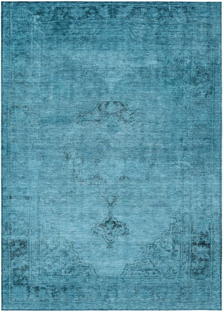 Denim Blue And Navy Blue Oriental Washable Indoor Outdoor Area Rug Photo 2