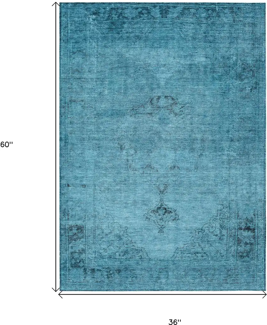 Denim Blue And Navy Blue Oriental Washable Indoor Outdoor Area Rug Photo 3