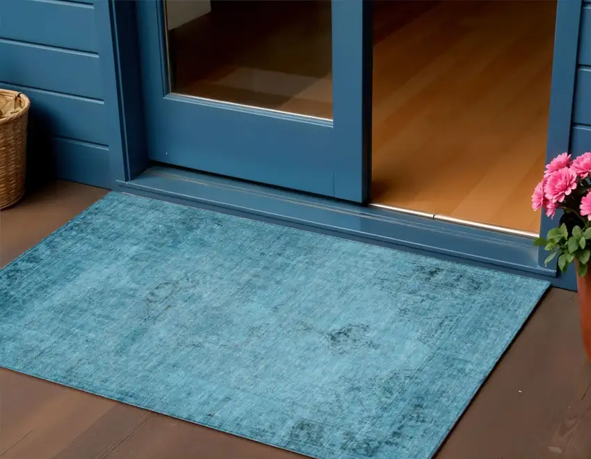 Denim Blue And Navy Blue Oriental Washable Indoor Outdoor Area Rug Photo 1