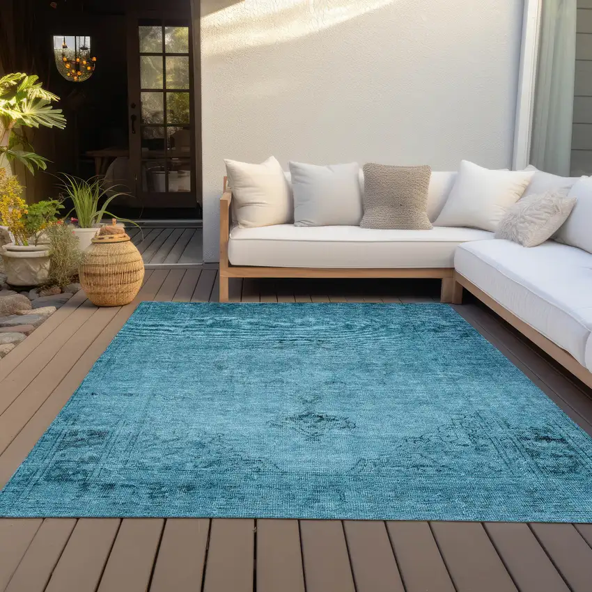 Denim Blue And Navy Blue Oriental Washable Indoor Outdoor Area Rug Photo 7