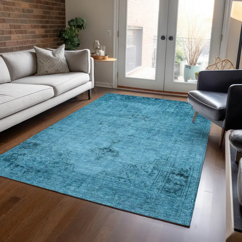 Denim Blue And Navy Blue Oriental Washable Indoor Outdoor Area Rug Photo 7