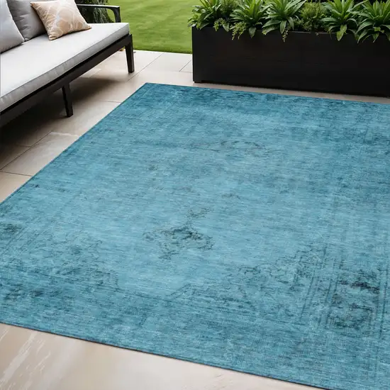 Denim Blue And Navy Blue Oriental Washable Indoor Outdoor Area Rug Photo 1