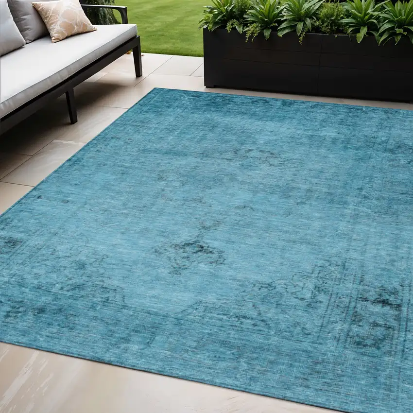 Denim Blue And Navy Blue Oriental Washable Indoor Outdoor Area Rug Photo 1