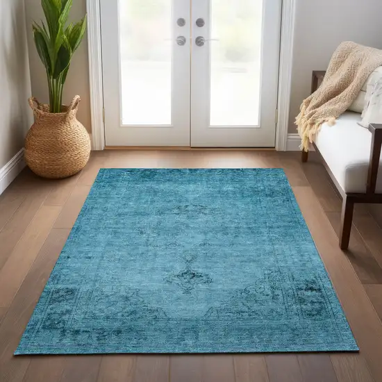 Denim Blue And Navy Blue Oriental Washable Indoor Outdoor Area Rug Photo 8