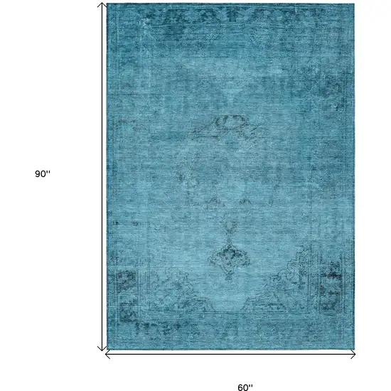 Denim Blue And Navy Blue Oriental Washable Indoor Outdoor Area Rug Photo 3